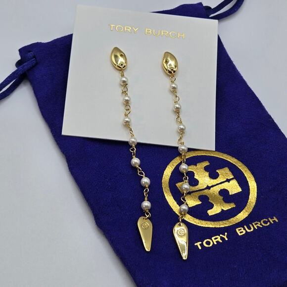 NEW Tory Burch Snake Linear Earrings 18K Gold Plated Faux Pearl Dangle Animal - Picture 3 of 6